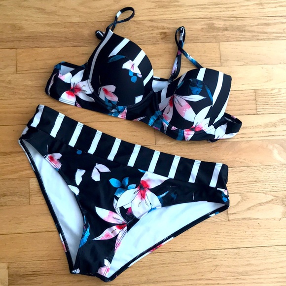 Fashion Concepts Black Stiff Bra Striped Floral Bikini Size XL - Picture 5 of 16